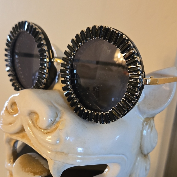 Elegant Black Jewelled Round Sunglasses with Silver Accents...New